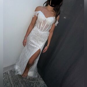 Off-Shoulder White Beaded Evening Gown with Thigh Slit